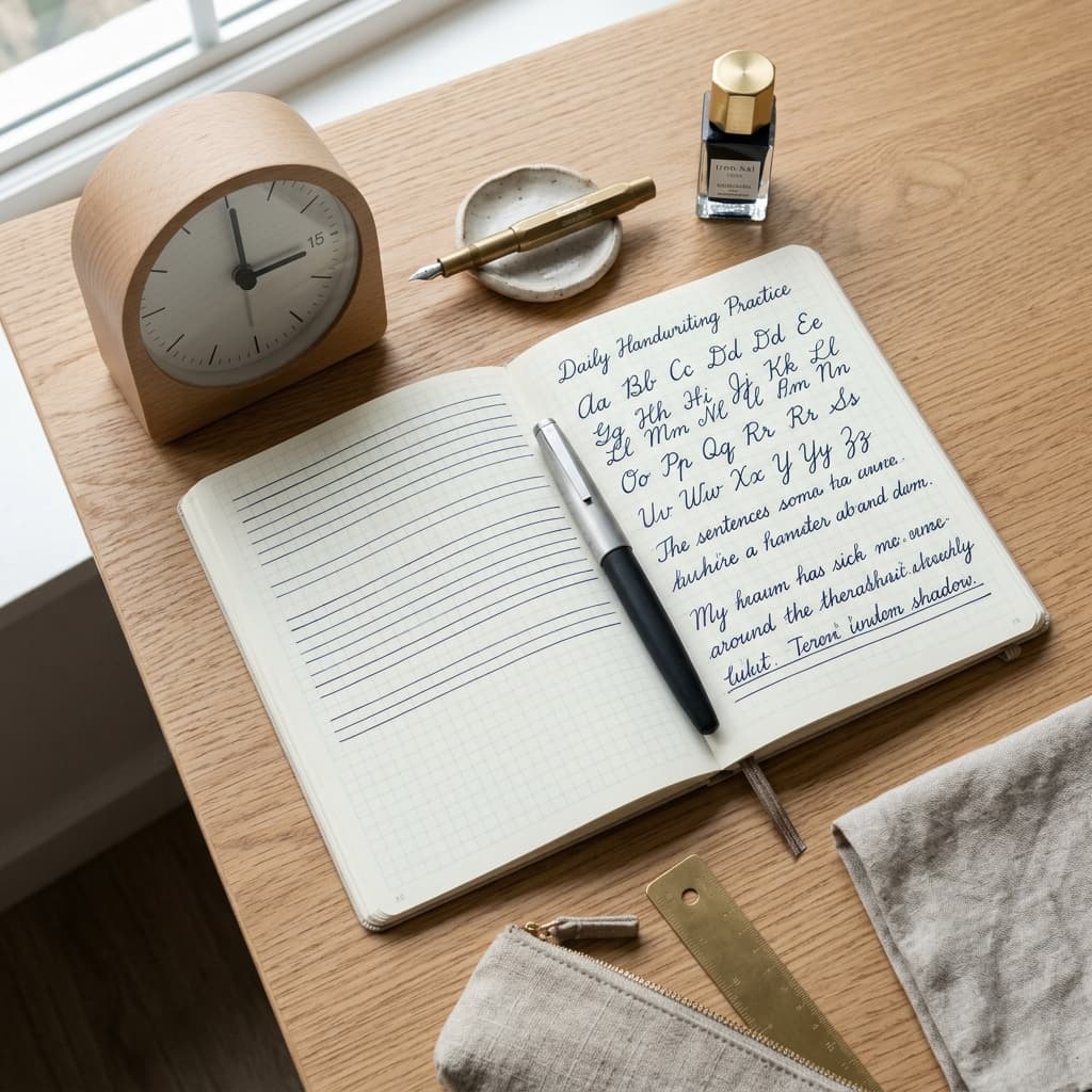 Minimalist desk setup for 15-minute daily handwriting practice with open grid notebook, fountain pen, and table clock