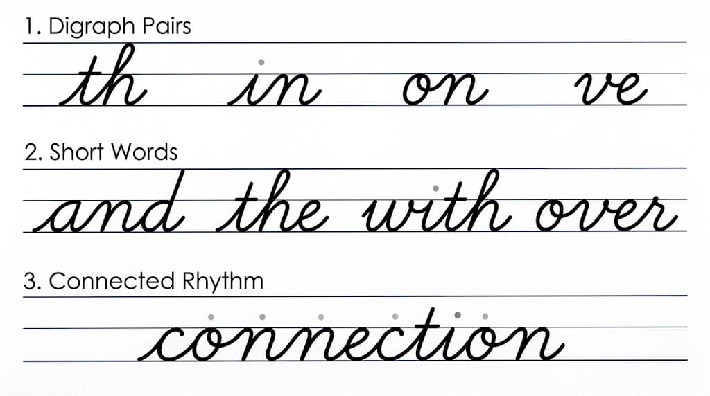 Three-tier progressive drill architecture from 2-letter digraphs to whole words with syllable break lifts