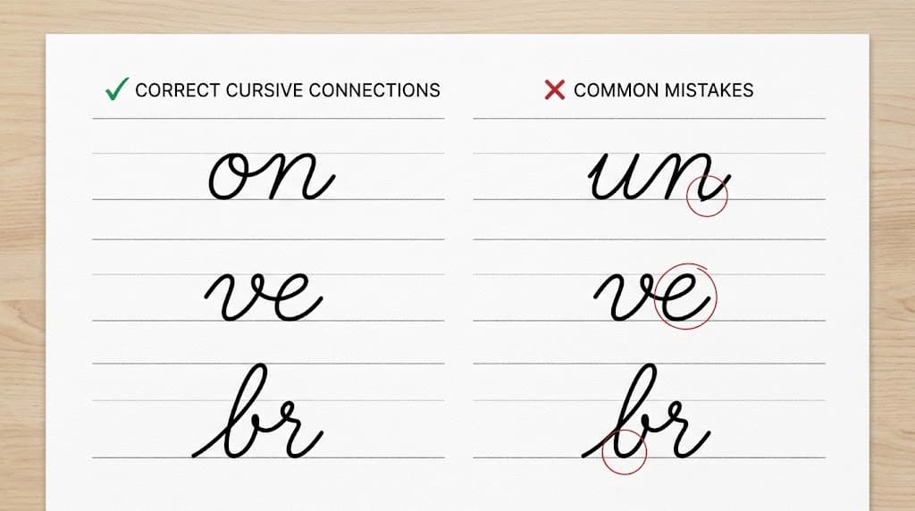 Comparison of correct high midline bridges versus forced baseline drops causing letter distortion and closed counters