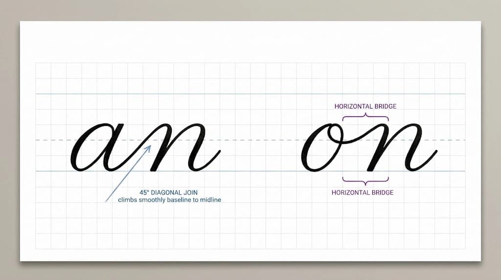 Anatomy diagram of cursive letter connections showing baseline climbs and high midline bridges