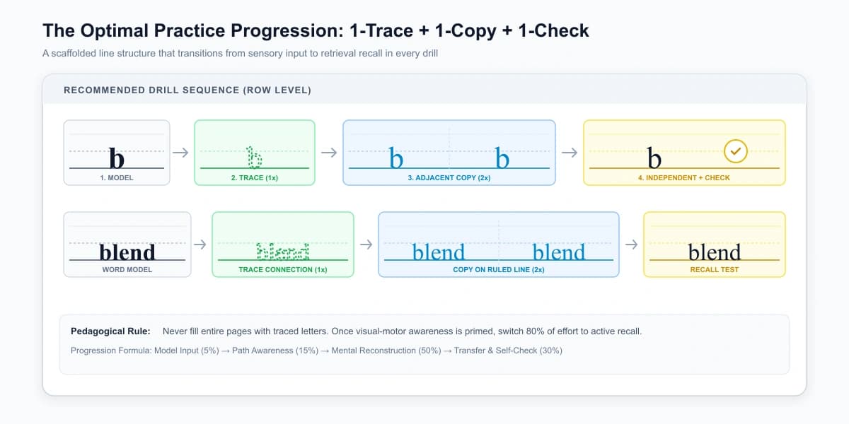 Structured worksheet line layout demonstrating the 1-Trace, 1-Copy, and 1-Check practice sequence