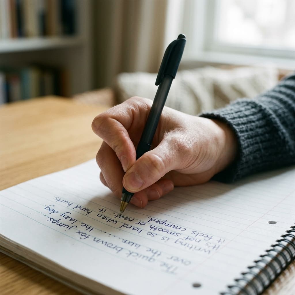 Close-up of tense fingers holding a pen tightly, showing muscle strain, next to uneven handwriting in a notebook