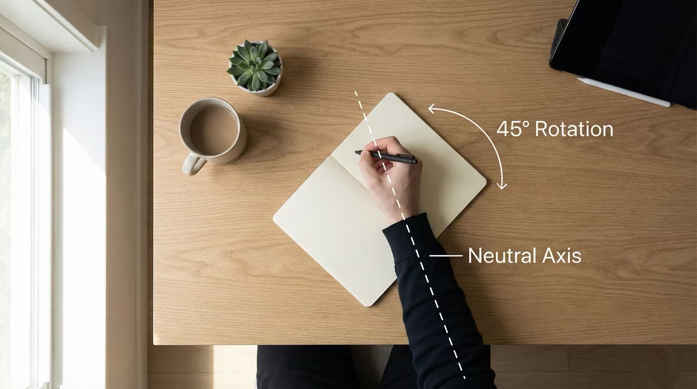 Top-down view showing the correct 45-degree clockwise paper rotation for left-handed writers