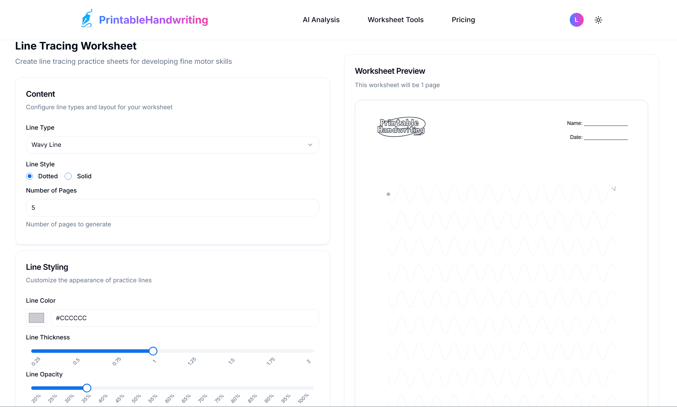 Line Generator settings showing Wavy Line and Dashed style