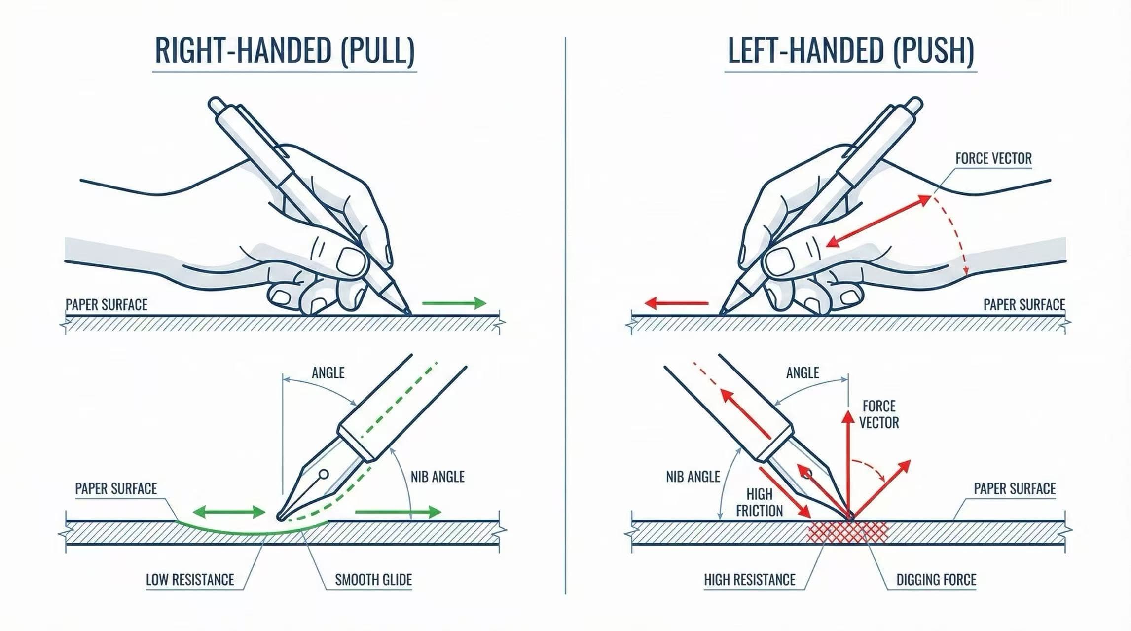 Diagram comparing the physics of pulling (right-handed) vs pushing (left-handed) a pen across paper