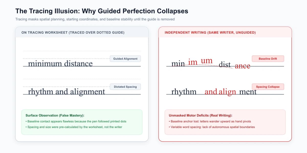 Comparison of a traced handwriting sample appearing neat versus unguided writing displaying baseline drift and collapsed spacing