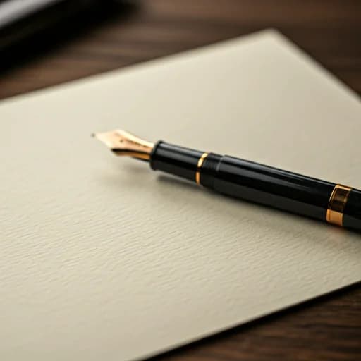 An elegant fountain pen resting on a piece of high-quality cream colored paper