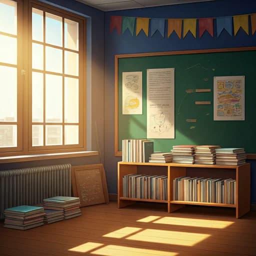 Vibrant school classroom with books and educational posters in a sunlit setting