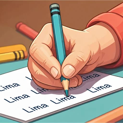 Close-up of a child's hand holding a bright crayon practicing writing letters on a worksheet