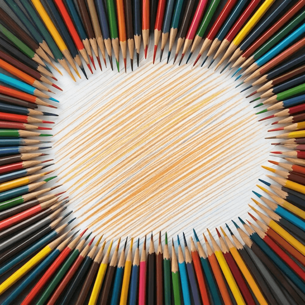 Creative overhead shot of various colored pencils and drawing paper with messy colorful scribbles