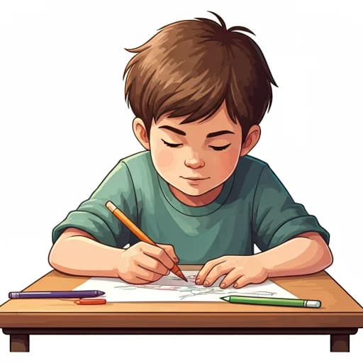 A young child concentrating while drawing with markers at a small wooden desk