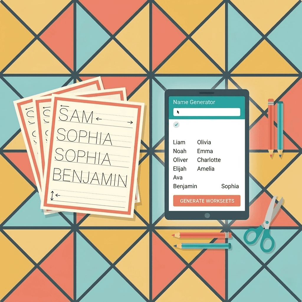 A modern, geometric flat-lay illustration representing a teacher's classroom prep with personalized name tracing worksheets