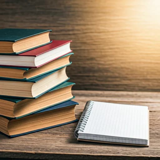 Stack of vintage books and a notepad on a rustic wooden table with morning sunlight