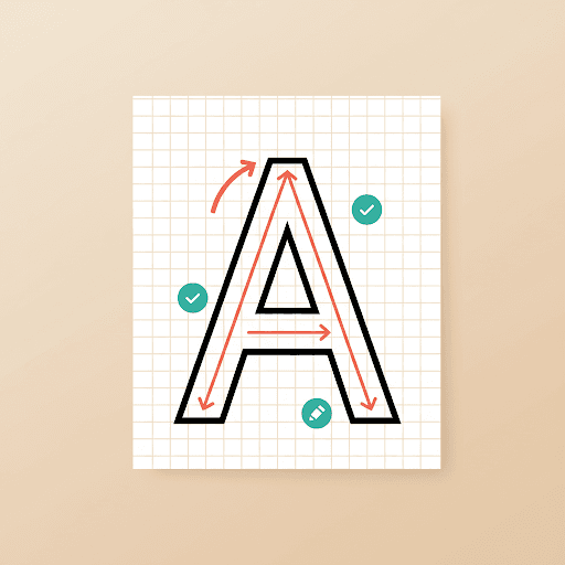 Alphabet tracing worksheet with large letter A and red directional arrows