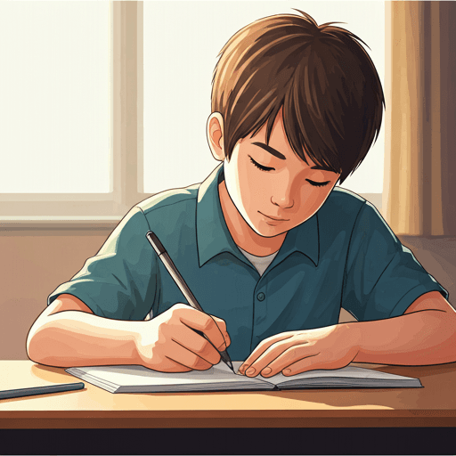 a young student writing neatly in a notebook at a school desk with soft natural window lighting