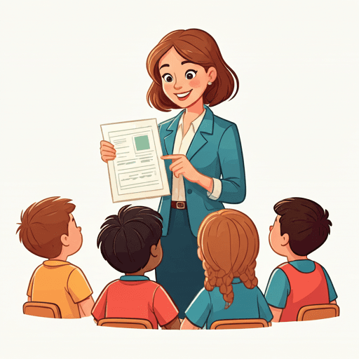 a smiling teacher showing an educational worksheet to a small group of engaged children in a colorful classroom