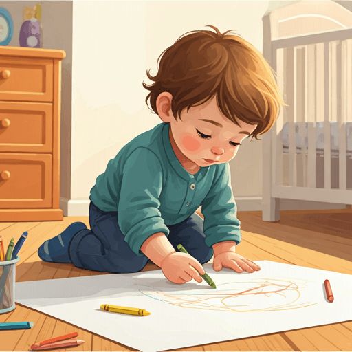 a cute toddler boy focused on drawing with crayons on a large white paper on the floor in a bright nursery