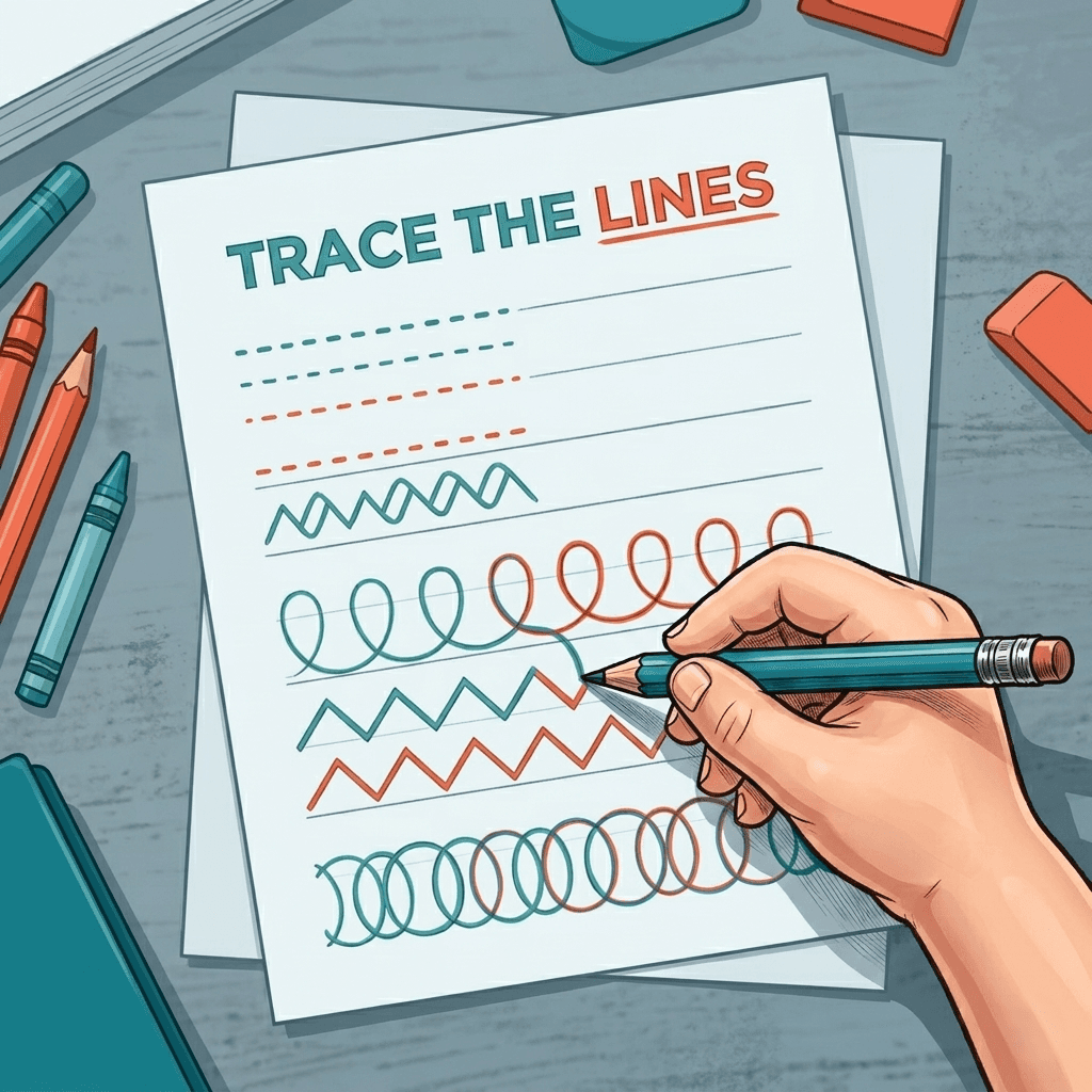 Line tracing worksheet: hand practicing patterns with pencil in vibrant educational style