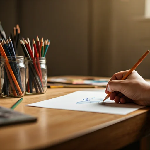 Wide shot of an art studio table with jars of colored pencils, scattered paper, and a person's hand practicing precise line work in a warm, creative atmosphere