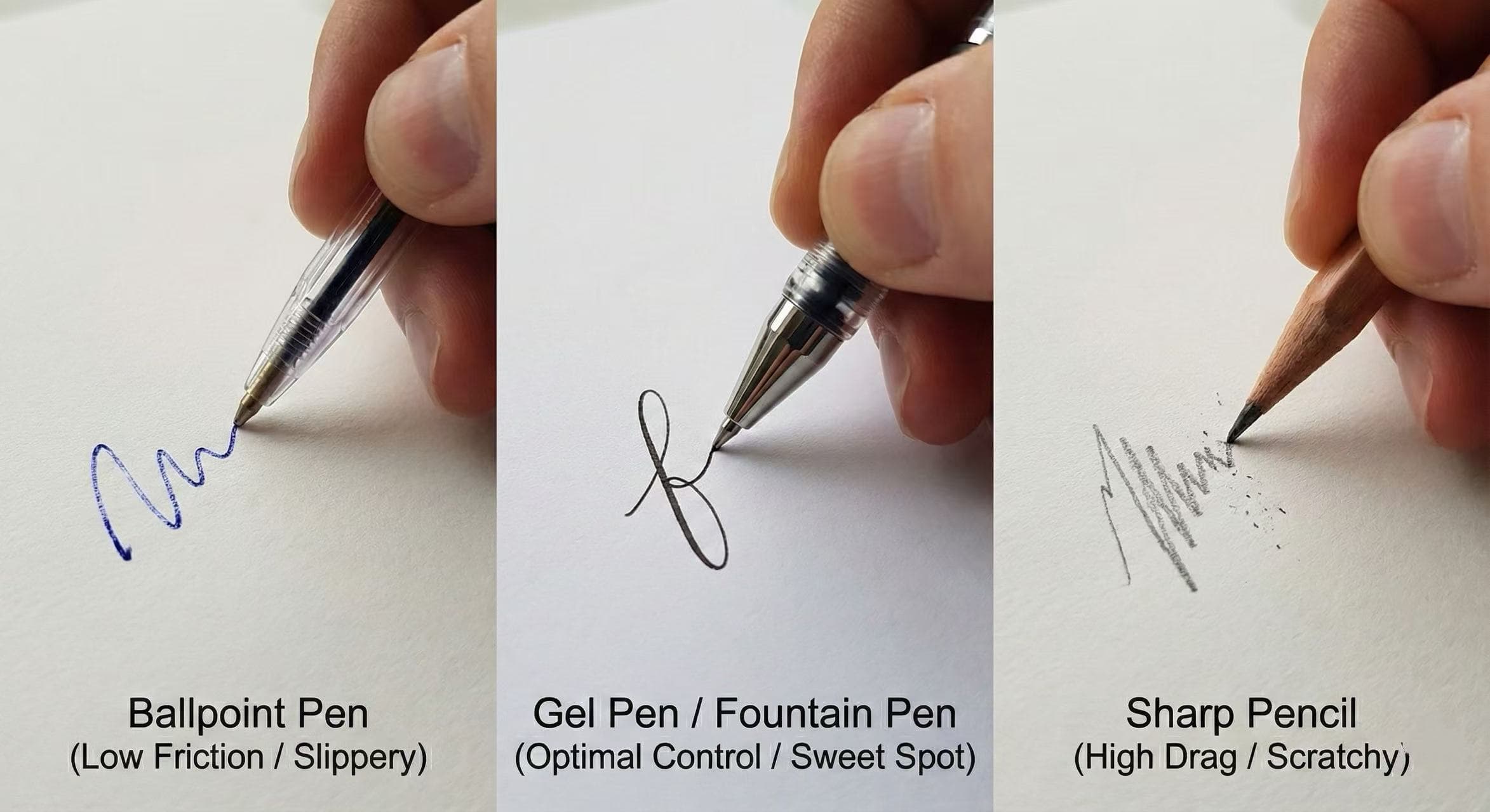 Engineering blueprint diagram showing the Writing Friction Coefficient Spectrum. Left: Ballpoint (Low Control). Center: Gel Pen (Optimal). Right: Pencil (High Fatigue).