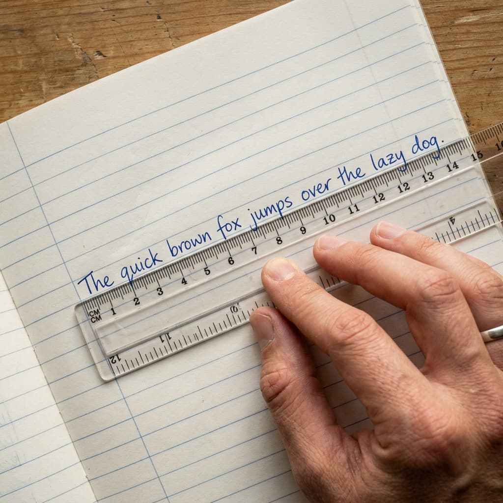 Close-up of hand holding a transparent ruler horizontally against a handwritten sentence to check baseline alignment and lettering heights