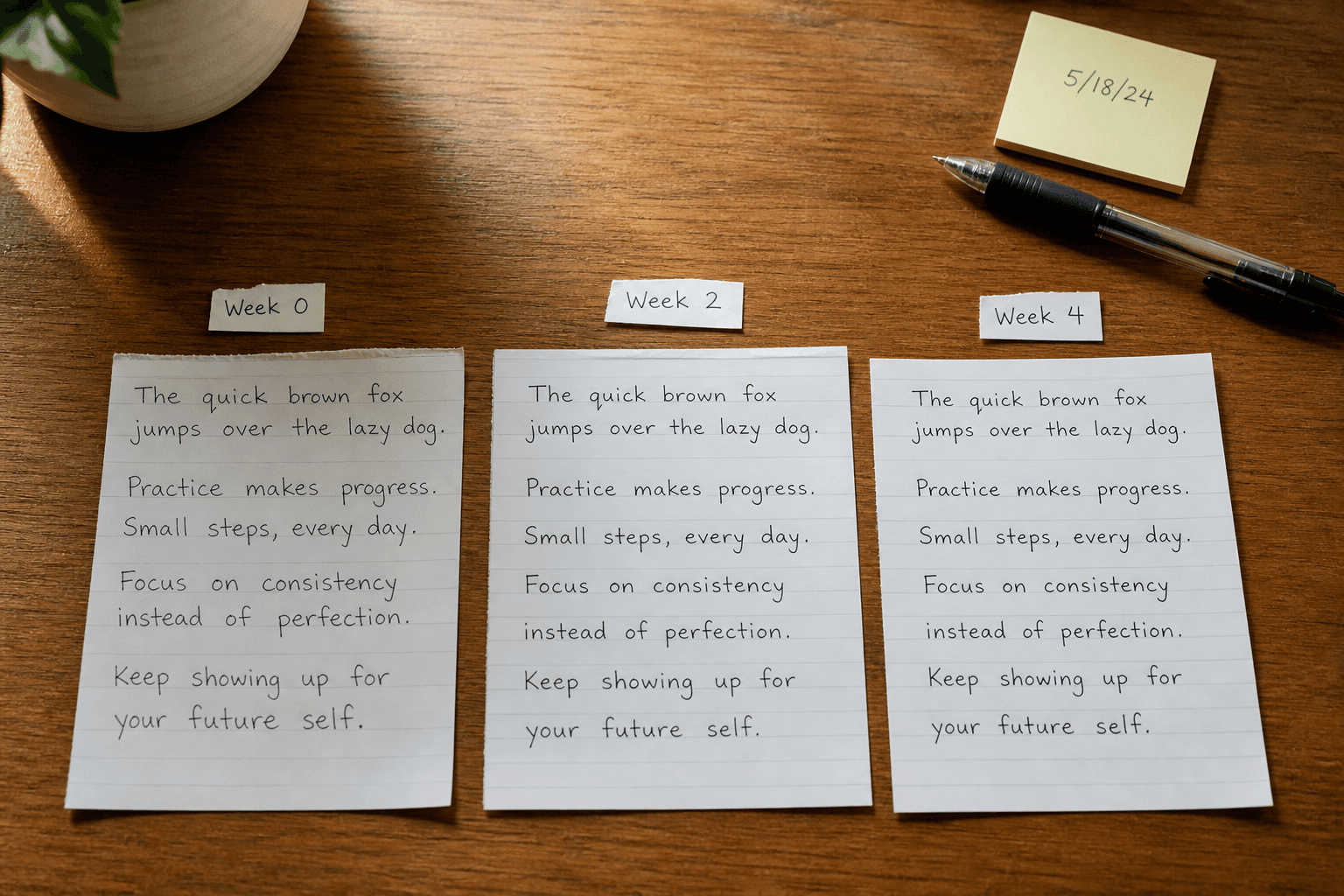 Dated handwriting samples showing week 0, week 2, and week 4 progress