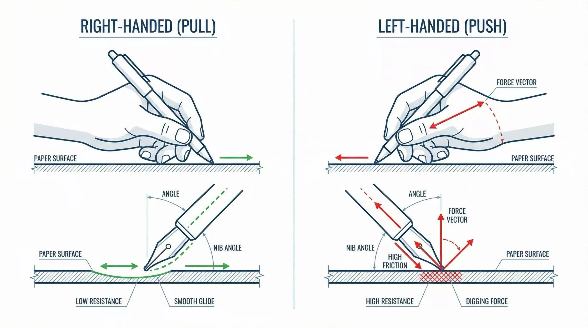 Diagram comparing the physics of pulling (right-handed) vs pushing (left-handed) a pen across paper