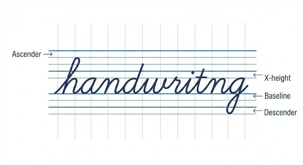 Diagram showing typographic grid with ascender, descender, baseline, and x-height for handwriting