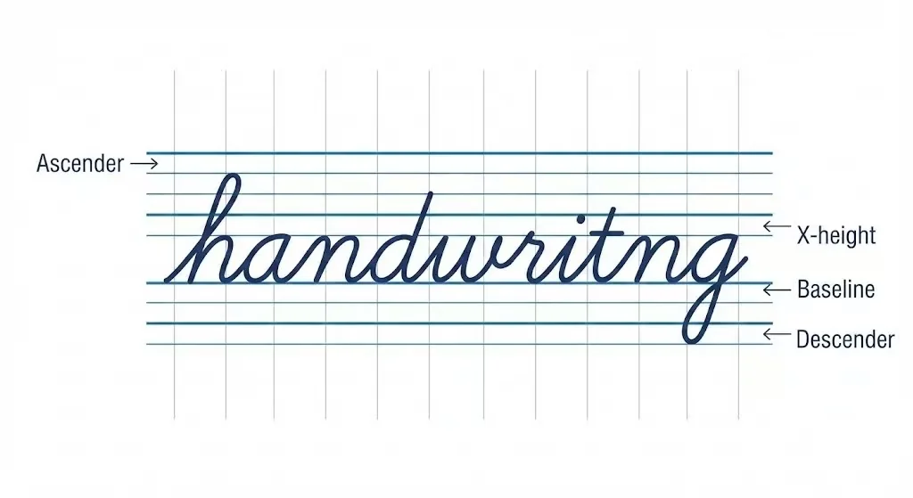 Diagram showing typographic grid with ascender, descender, baseline, and x-height for handwriting