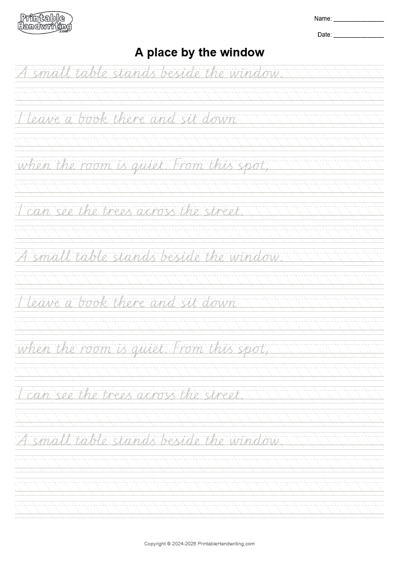 Actual PDF page 1: A place by the window, with repeated light-gray models and paired blank Copy rows.