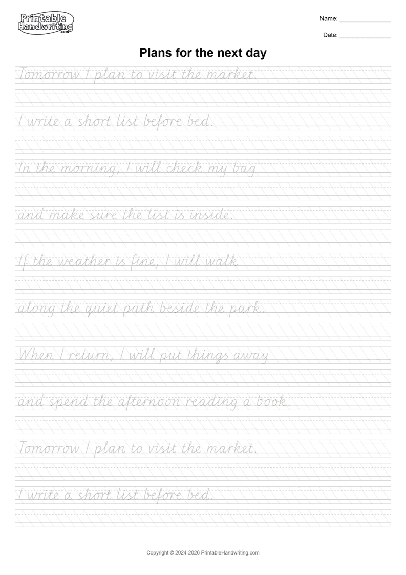 Actual PDF page 6: Plans for the next day, with repeated light-gray models and paired blank Copy rows.