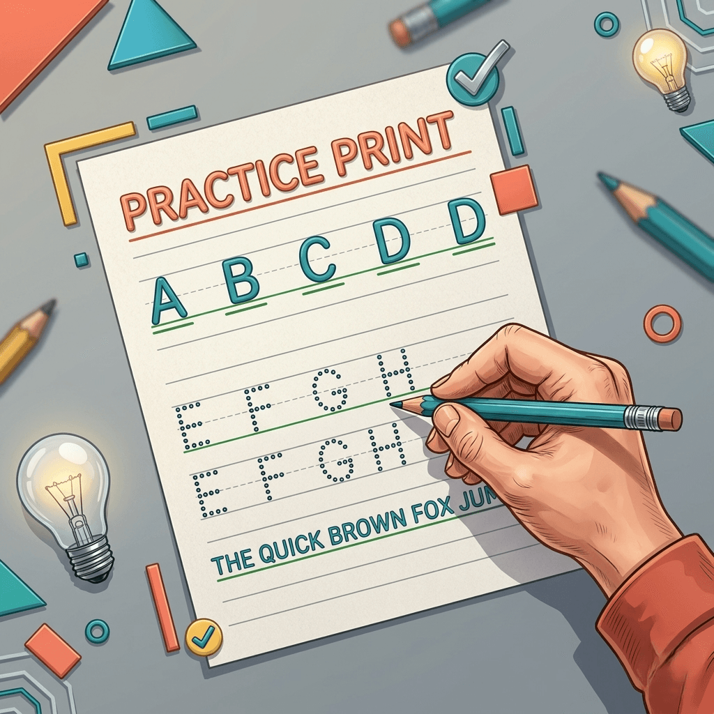 Print handwriting worksheet: hand holding pencil practicing block letters with guided lines