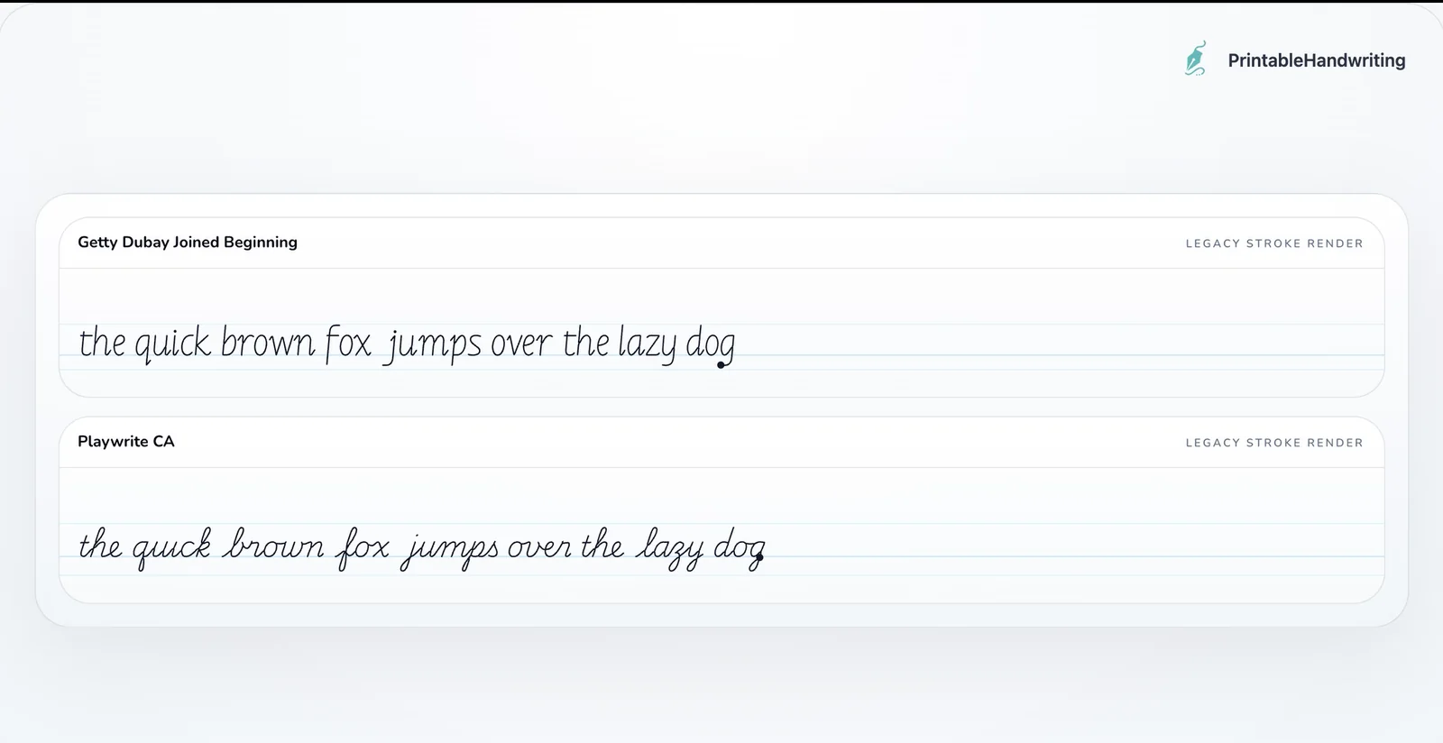 Getty Dubay Joined Beginning and Playwrite CA lowercase handwriting comparison