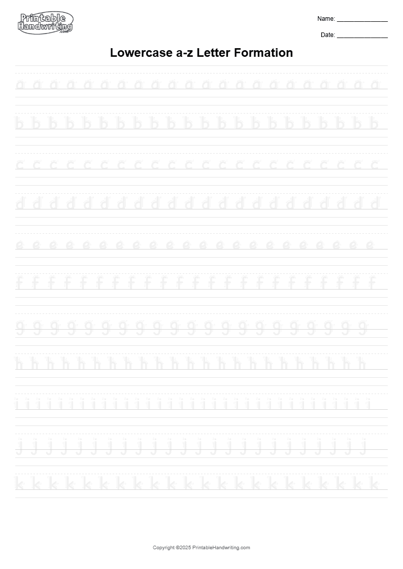 Lowercase a-z Letter Formation - A4 alphabet formation cover showing build repeatable lowercase letter starts, x-height, ascenders, and descenders in small groups rather than rushing through the full alphabet