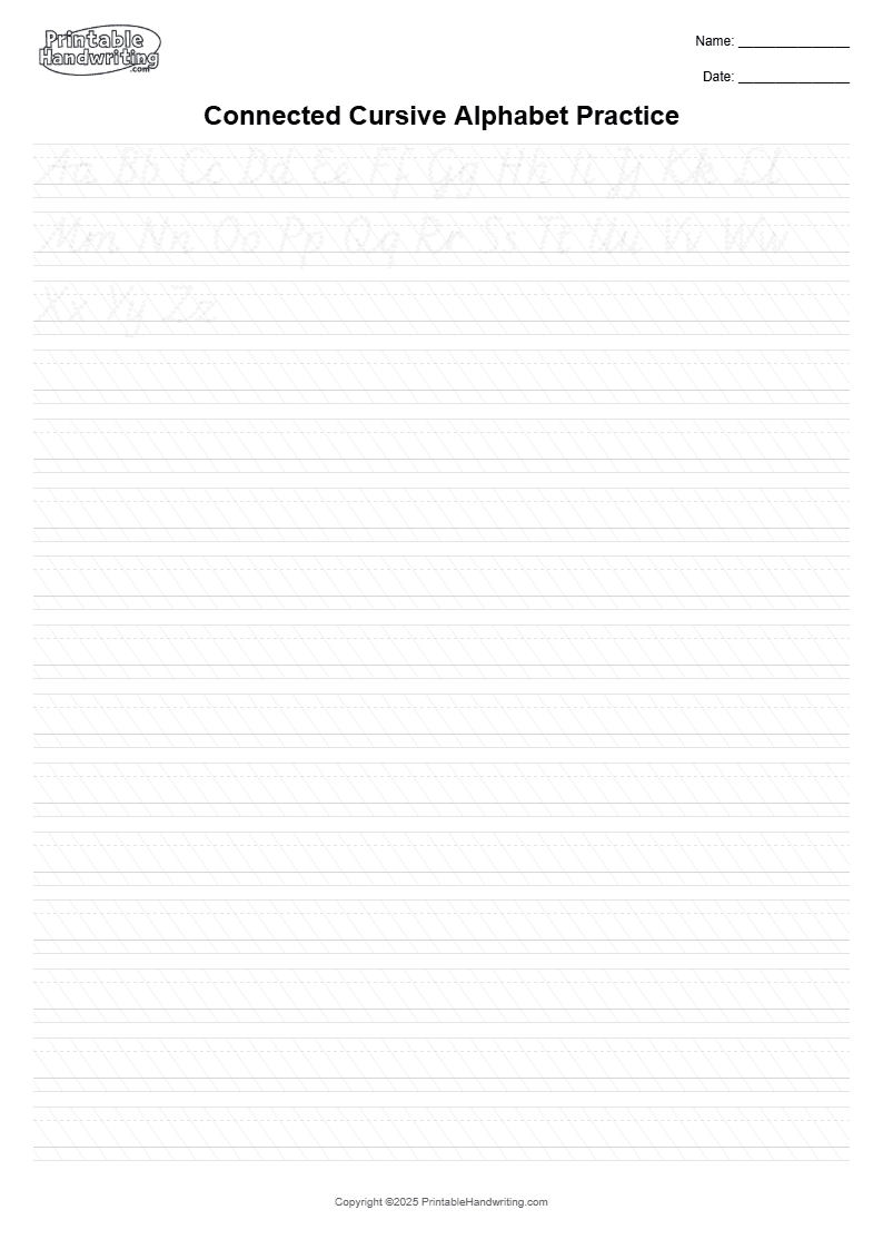 Connected Cursive Alphabet Practice - A4 cursive cover showing observe how entry and exit strokes connect a cursive letter group without treating every letter as an isolated drawing