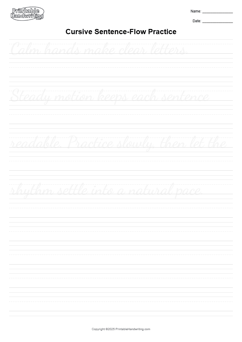 Cursive Sentence-Flow Practice - A4 cursive cover showing move from stable joins to word spacing, baseline control, and readable sentence flow without forcing speed