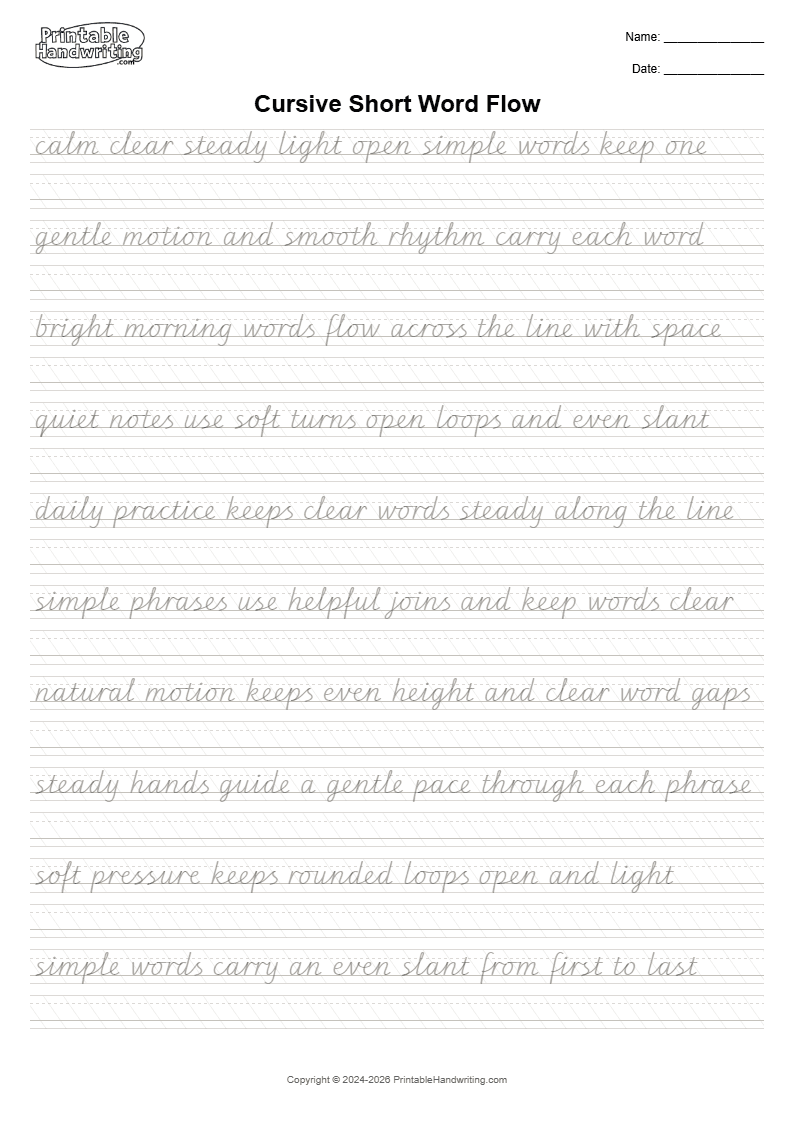 Cursive Words and Sentence Flow Pack cursive cover showing carry stable basic joins into readable words, sentences, and a short independent paragraph while preserving word gaps, slant, baseline, practical pen lifts, and line-end control