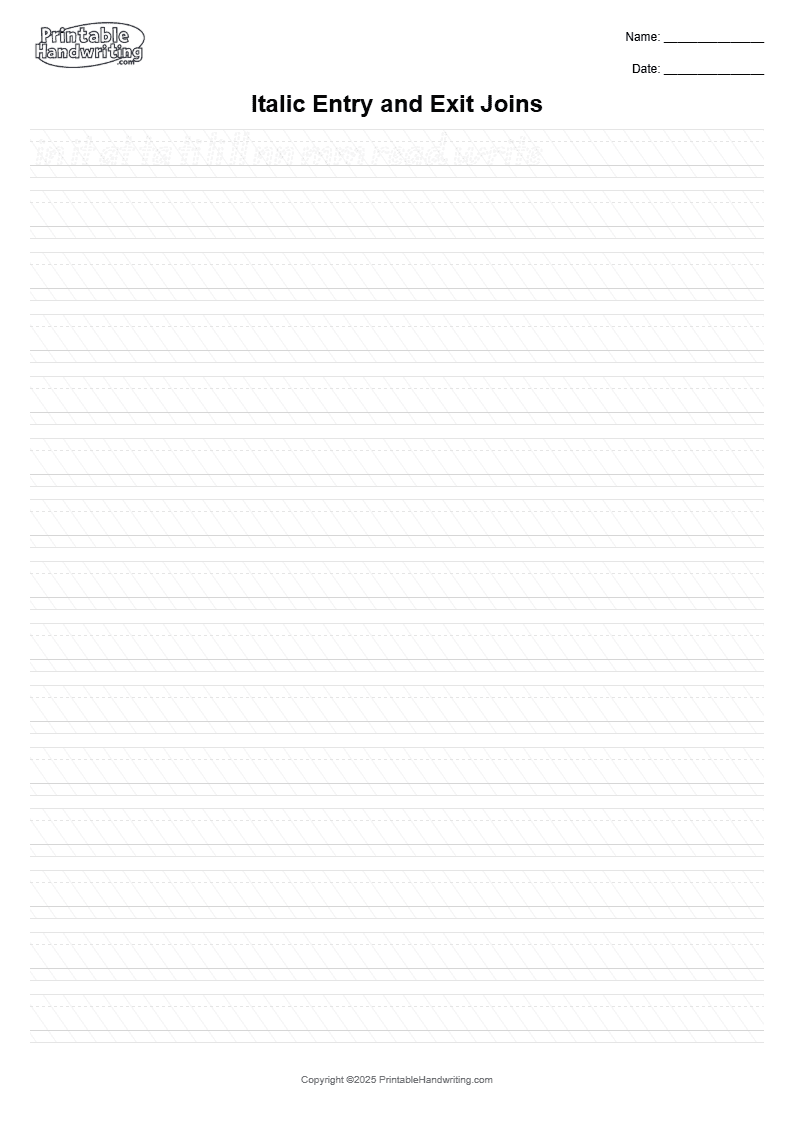 Italic Entry and Exit Joins - A4 italic cover showing practice italic entry and exit strokes, moderate slant, and open counters without turning the page into conventional cursive