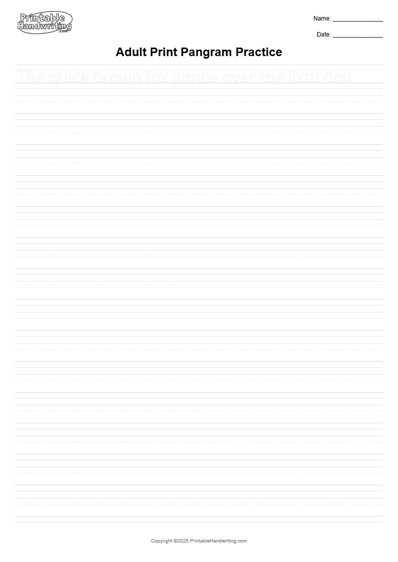 Adult Print Pangram Practice - A4 print and manuscript cover showing use the same pangram to observe print letter height, baseline stability, repeated-letter consistency, and the space between words