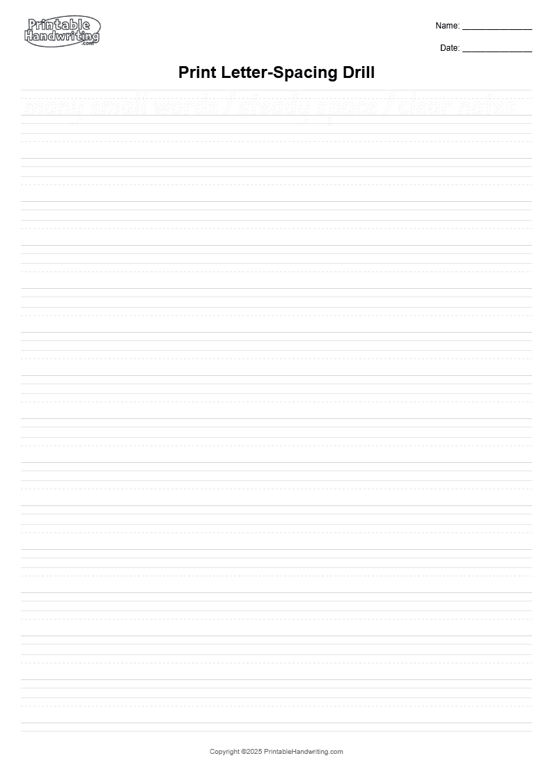 Print Letter-Spacing Drill - A4 print and manuscript cover showing separate letter spacing from word spacing so the reader can follow the line without crowded joins or accidental gaps