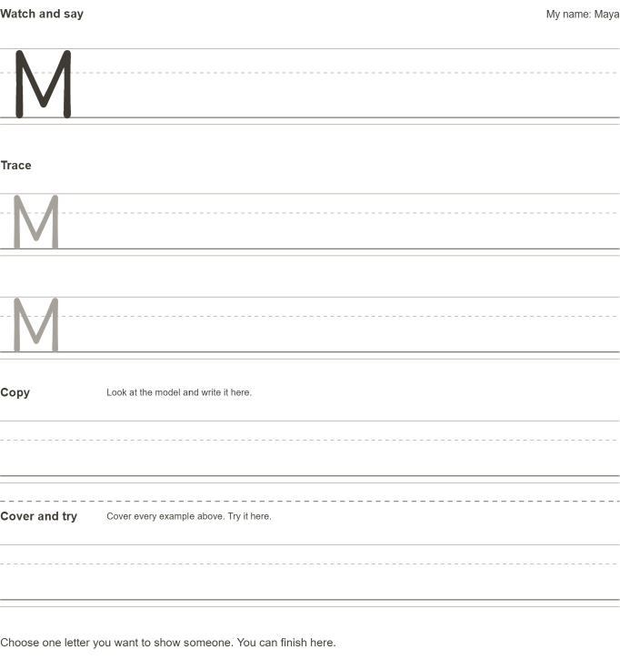 Actual first-letter PDF detail showing M as the practice target and My name: Maya above the cover line, with two tracing attempts and blank writing rows