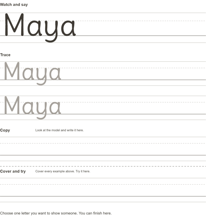 Actual Maya PDF detail showing Watch and say, two Trace attempts, the blank Copy row, and the dashed line above Cover and try