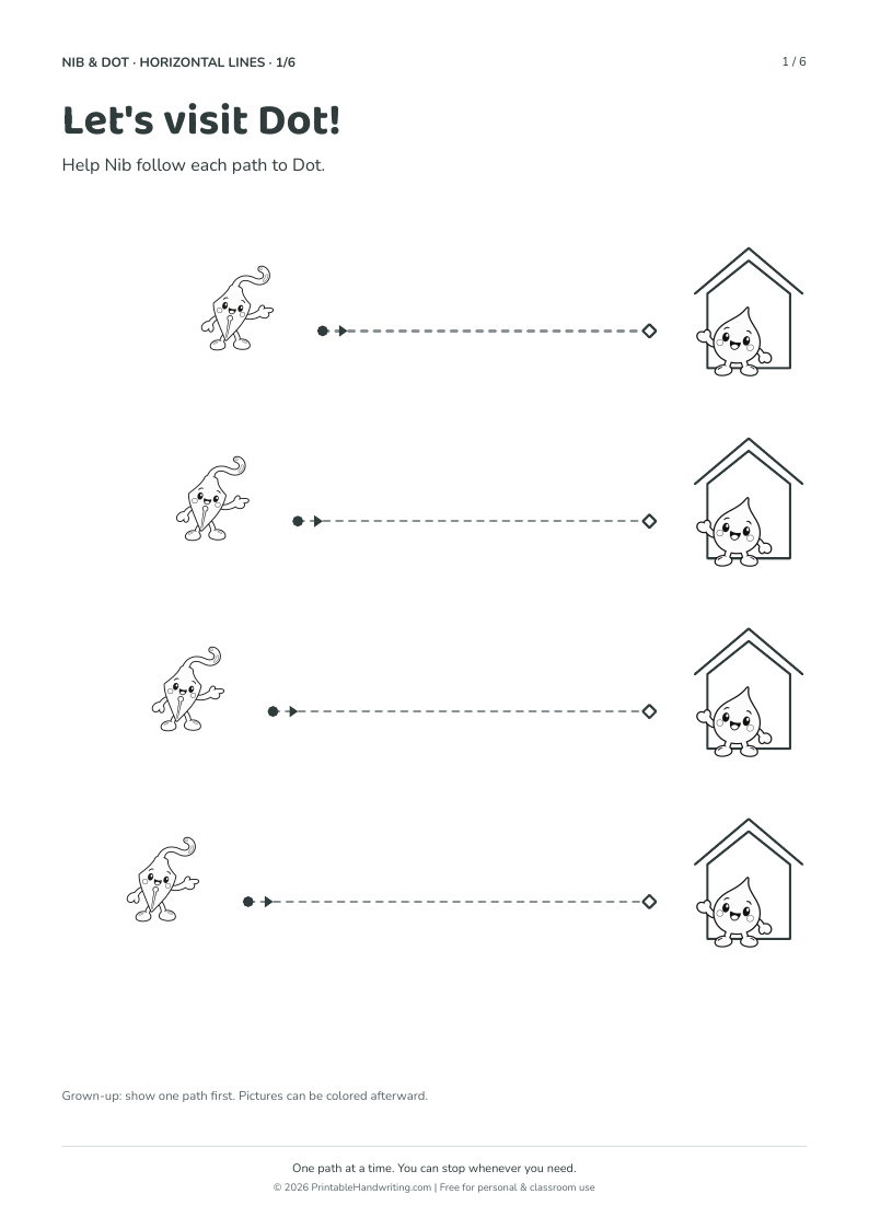 Actual page 1 of the six-activity horizontal collection with four paths, adult prompt, page number and copyright footer